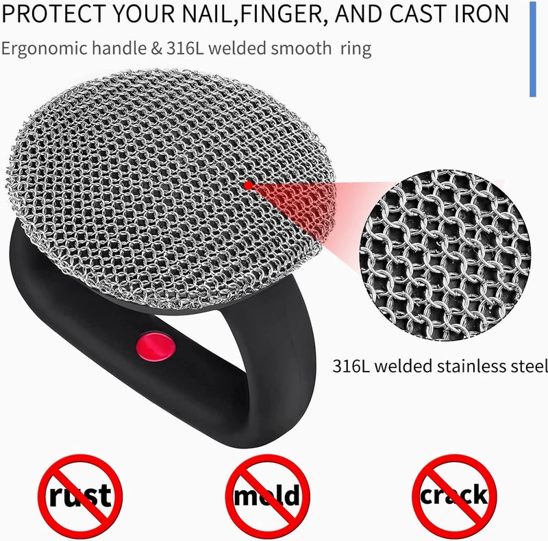 Herda Cast Iron Cleaner Scrubber+Tray with Handle, Welded Chainmail Scrubber for Pan Pot Grill Oven Wok Cleaning- Small Ring Chain Scrub Metal Scraper Brush Iron Skillet Steel Wool Scrubber Steel Sponge - Image 4